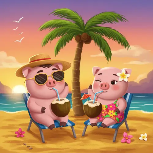 Adorable Piglets Relaxing on Tropical Beach