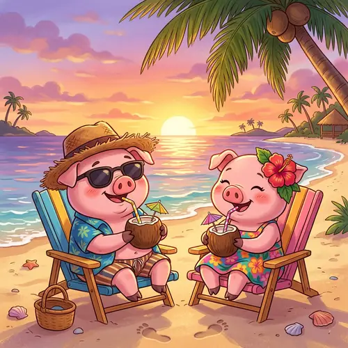 Adorable Piglets Relaxing on Tropical Beach