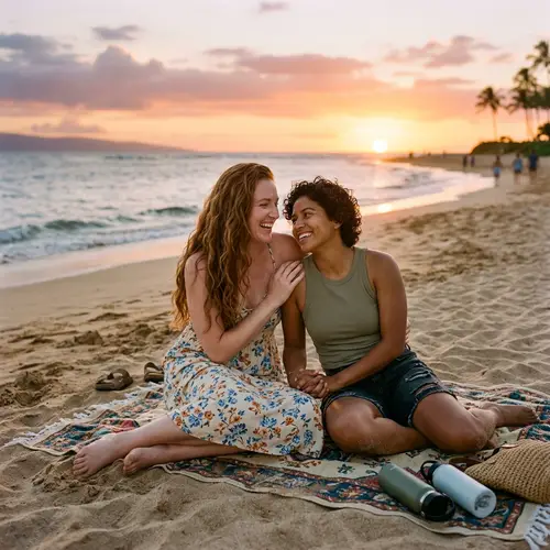 Beautiful Lesbian Couple at Sunset Beach