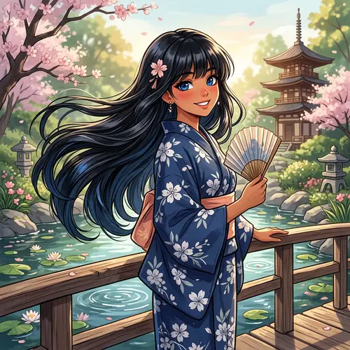 Anime Girl with Tanned Skin & Long Black Hair - Calm & Serene Setting