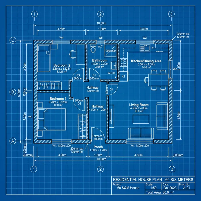 60 Sq M House Blueprint - Detailed Plan & Layout