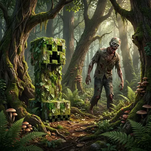 Realistic 4K Minecraft Creeper and Zombie in Forest