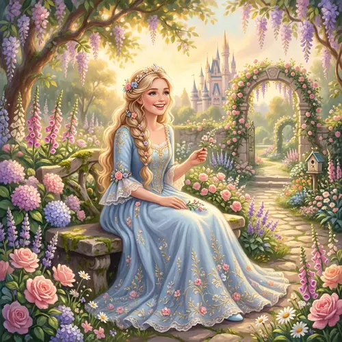 Enchanting Garden with Smiling Blonde Princess