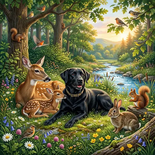 Tranquil Scene with Content Black Dog and Creatures of the Wild