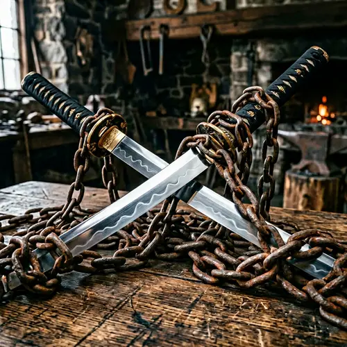 Japanese Katana with Elegant Blade and Rusty Chains