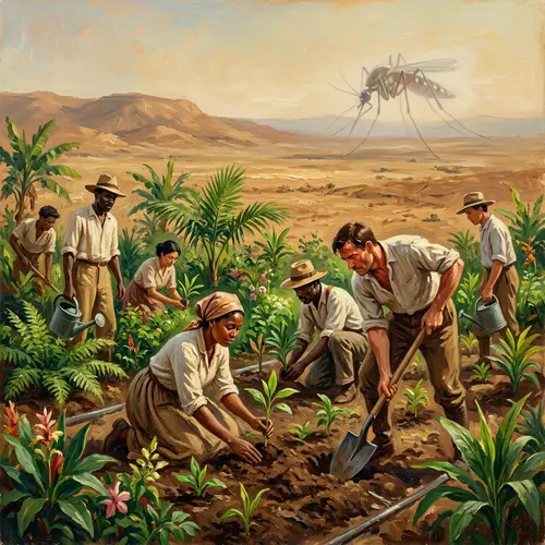 Diverse People Planting Lush Oasis | Early 20th Century Landscape