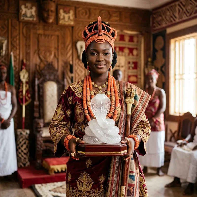 Regal Nigerian Queen Holding Crystal Snake Statue