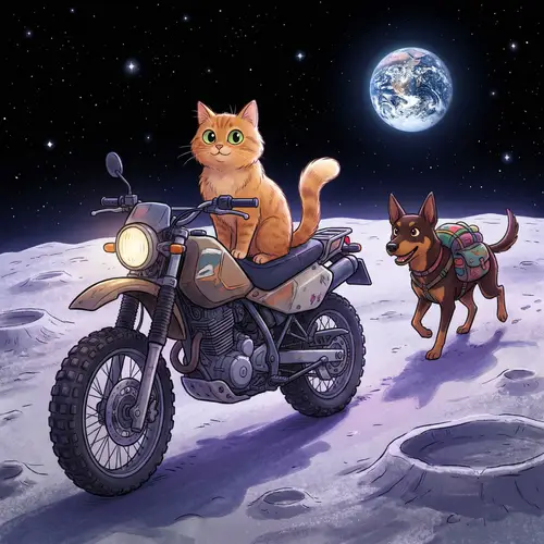 Whimsical Ginger Cat and Kelpie Adventure Scene