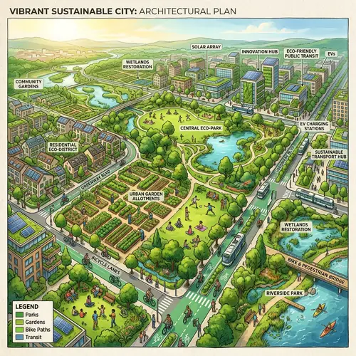 Sustainable City Landscape Painting | Green Spaces & Urban Life
