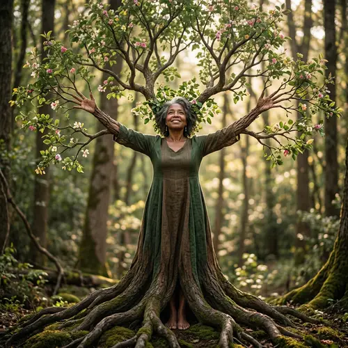 Elegant African American Woman Metamorphosing into Grand Shade Tree