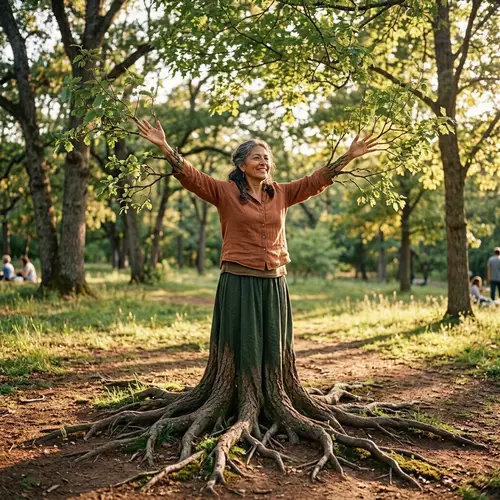 Hispanic Woman Transforming into Large Shade Tree