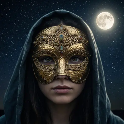 Stunning Woman in Gold Mask Under Starry Night Sky