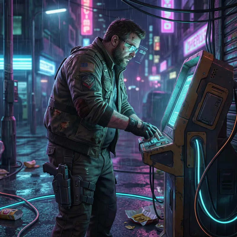 Cyberpunk Hacker at Street Terminal