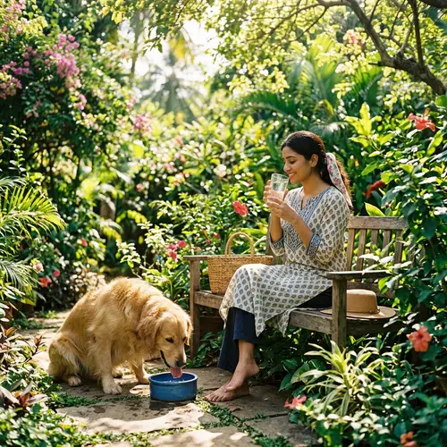 Tranquil Scene: South Asian Woman and Golden Retriever in Garden