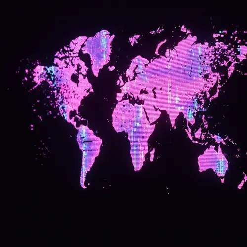 Futuristic Digital World Map: Cyberpunk Glitch Effects