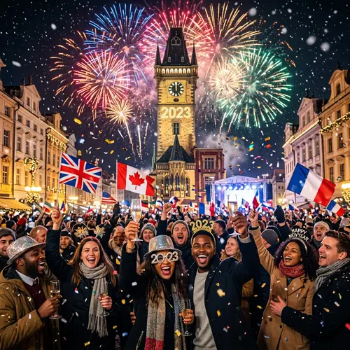 New Year's Eve Celebration with Colorful Fireworks and Cheers