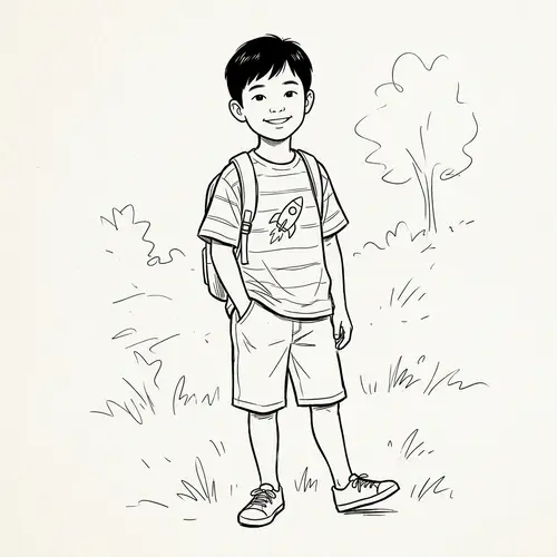 Casual 8-Year-Old Asian Boy Line Drawing