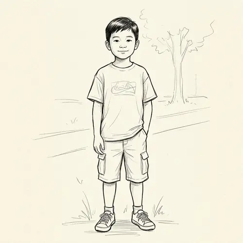 Black and White Sketch of 8-Year-Old Asian Boy