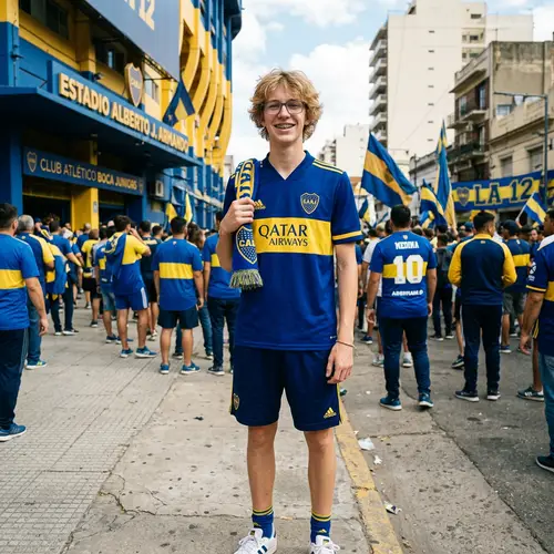 Tall Teenage Boy with Blonde Hair, Glasses and Braces | Boca Juniors Shirt