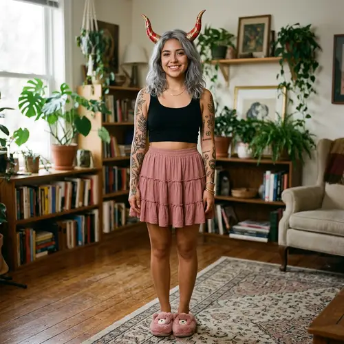Hispanic Girl with Grey Hair and Red-Gold Horns