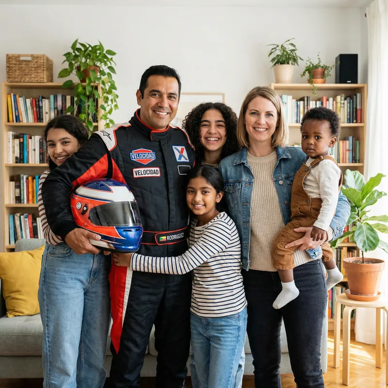 Diverse Family Portrait With Race Car Driver Father Diverse Family Portrait With Race Car Driver Father
