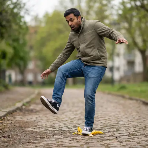 Comical South Asian Man Slipping on Banana Peel