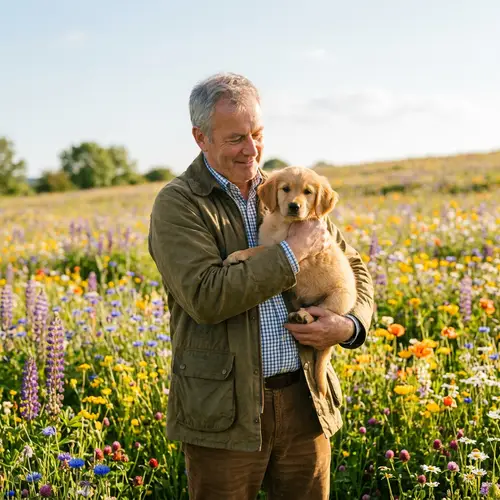 Thomas Harmon with Puppy Surrounded by Flowers & Sunshine