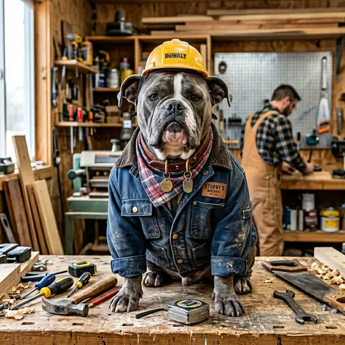 Gray Bulldog in Work Clothes: Unique Canine Style