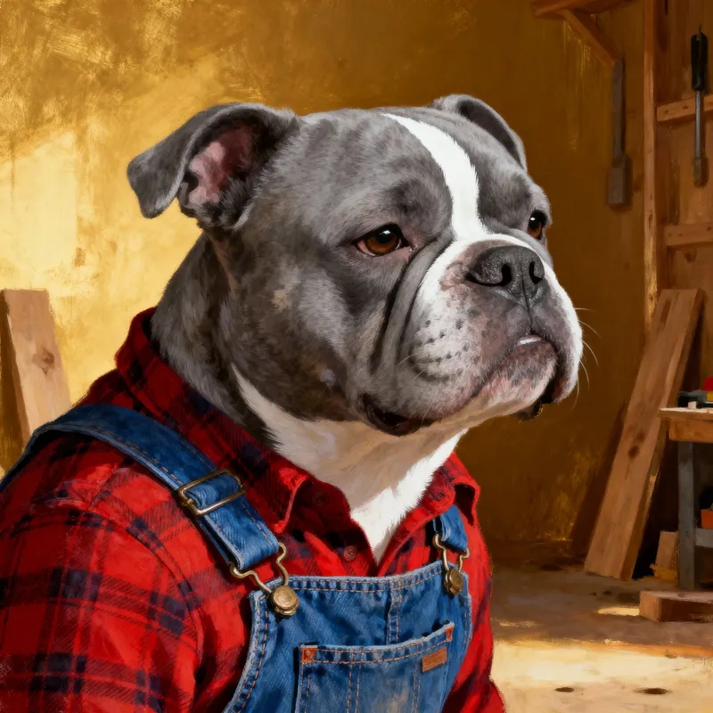 Gray Bulldog in Work Clothes: Unique Canine Style