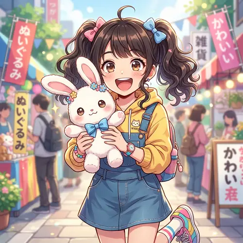Joyful Anime Girl with New Plushie - Asian Descent