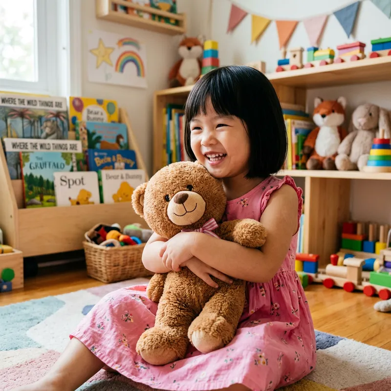 Happy Asian Girl with New Plushie in a Child-Friendly Setting