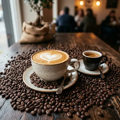 Foam-Filled Cappuccino Cup & Espresso Cup with Heart Design | Coffee Beans Background