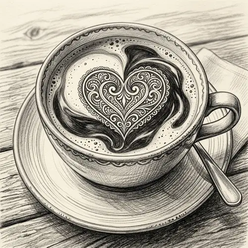 Detailed Pencil Drawing of Coffee Cup with Intricate Heart Design