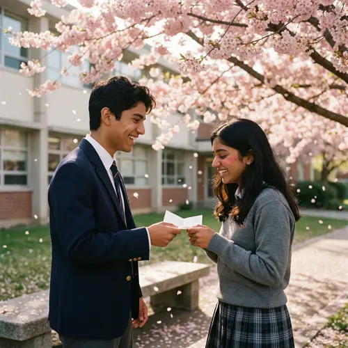 High School Students Experiencing Young Love Under Cherry Blossom Tree