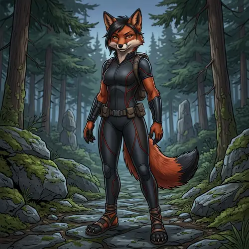 Red and Black Female Fox in Form-Fitting Suit