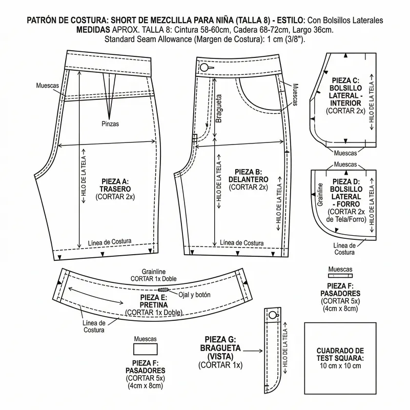 Sewing Pattern for Girls' Denim Shorts Size 8