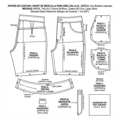 Sewing Pattern for Girls' Denim Shorts Size 8