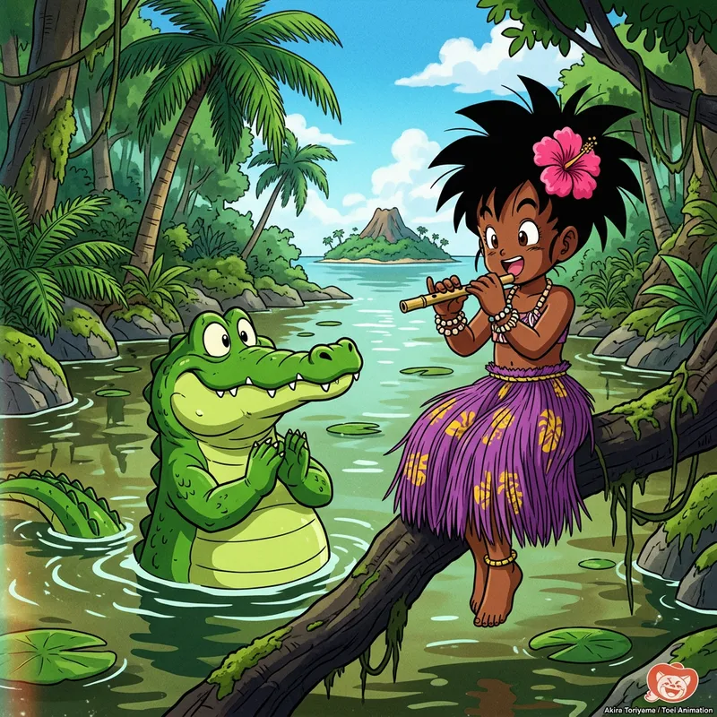 Friendly Crocodile and Anime Islander Girl Adventure