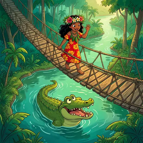 Whimsical Green Crocodile & Manga Girl Adventure