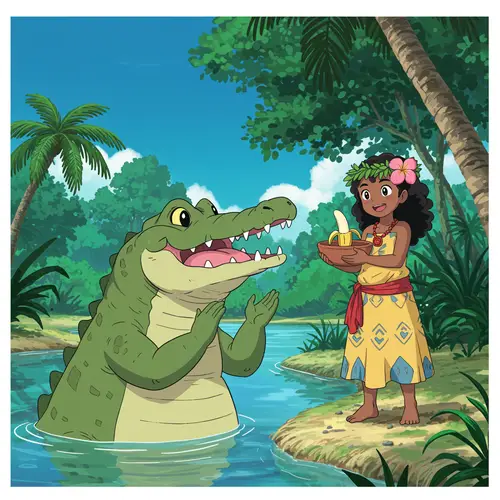 Kawaii Crocodile & Tahitian Girl Anime Art