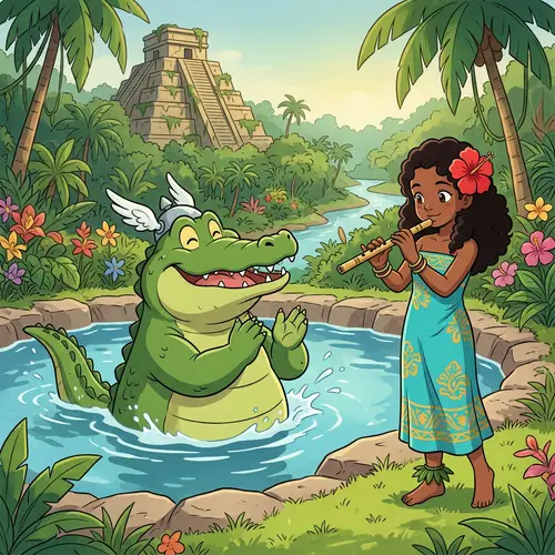 Friendly Green Giant Crocodile & Anime Island Girl