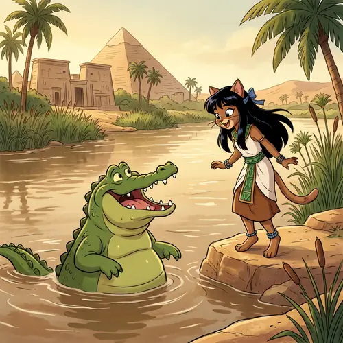 Joyful Green Crocodile & Cat Girl in Egyptian Adventure