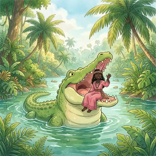 Playful Green Crocodile & Anime Girl Adventure