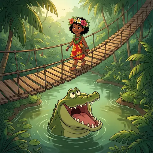 Humorous Green Crocodile & Manga Girl in Jungle