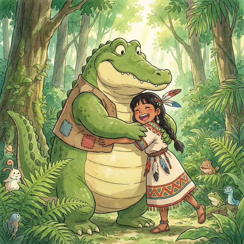 Friendly Crocodile Hugging Indigenous Girl in Amazon Friendly Crocodile Hugging Indigenous Girl in Amazon
