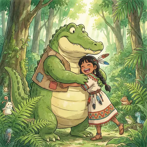 Friendly Crocodile Hugging Indigenous Girl in Amazon