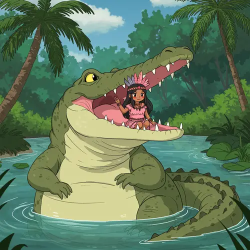 Playful Green Crocodile & Anime Girl Adventure