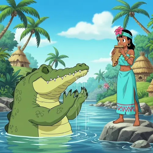 Playful Crocodile and Anime Beauty in Jungle Scene