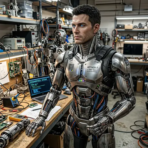 Hyper-Realistic Male Robot in Futuristic Cityscape