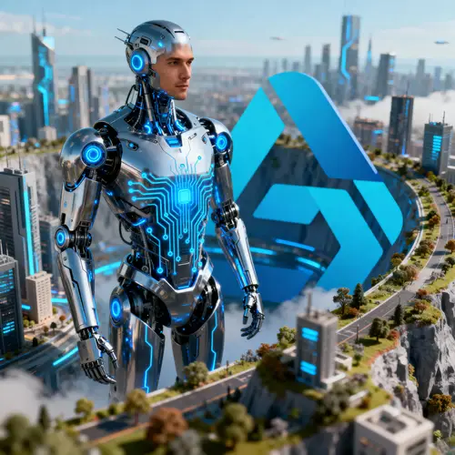 Hyper-Realistic Male Robot in Futuristic Cityscape